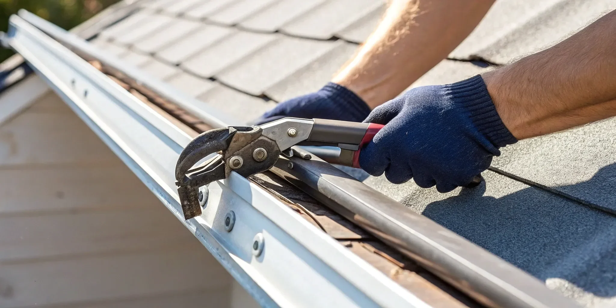 Crimping a gutter end cap with a crimper tool.