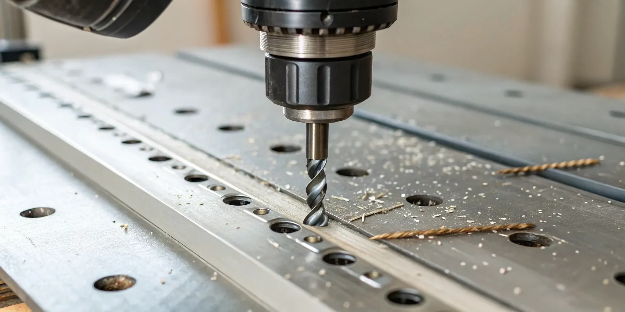 Sheet metal nibbler drill attachment cutting through metal.