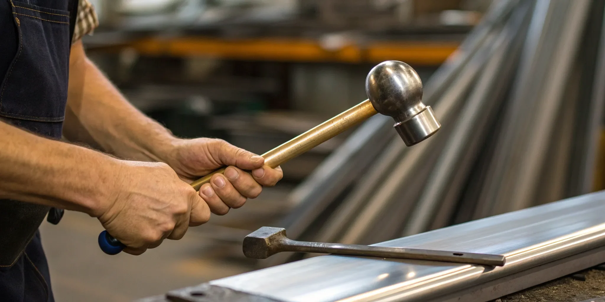 Ball peen dead blow hammer striking metal.
